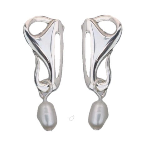 Image 1 of Art Nouveau Trumpet with Pearl Sterling Silver Drop Earrings