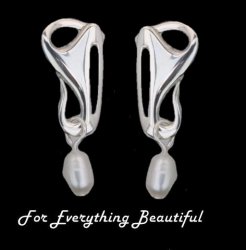 Art Nouveau Trumpet with Pearl Sterling Silver Drop Earrings