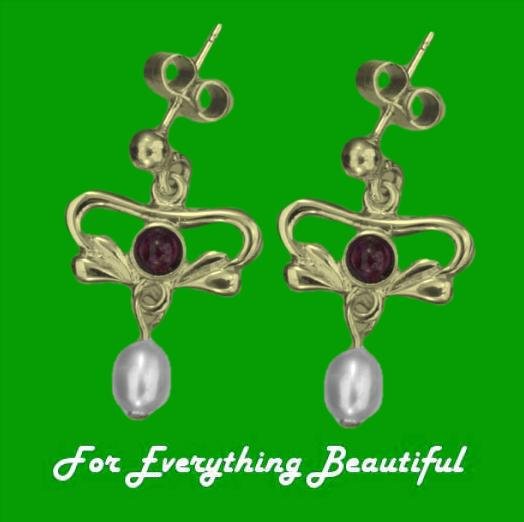 Image 0 of Art Nouveau Amethyst Pearl 9K Yellow Gold Drop Earrings