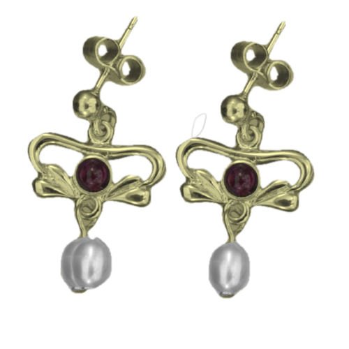 Image 1 of Art Nouveau Amethyst Pearl 9K Yellow Gold Drop Earrings