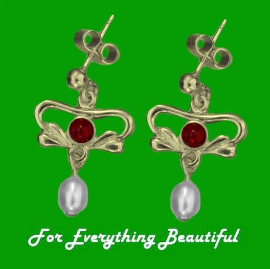 Image 0 of Art Nouveau Garnet Pearl 9K Yellow Gold Drop Earrings