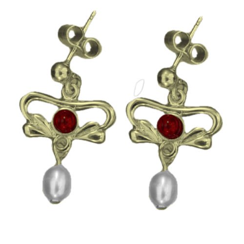 Image 1 of Art Nouveau Garnet Pearl 9K Yellow Gold Drop Earrings