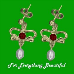 Art Nouveau Garnet Pearl 9K Yellow Gold Drop Earrings