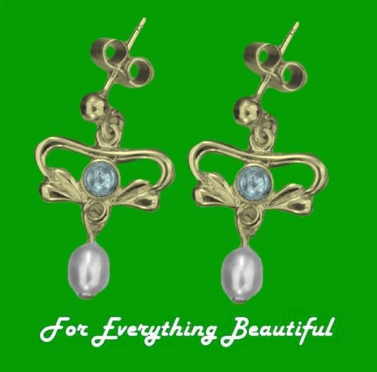 Image 0 of Art Nouveau Blue Moonstone Pearl 9K Yellow Gold Earrings