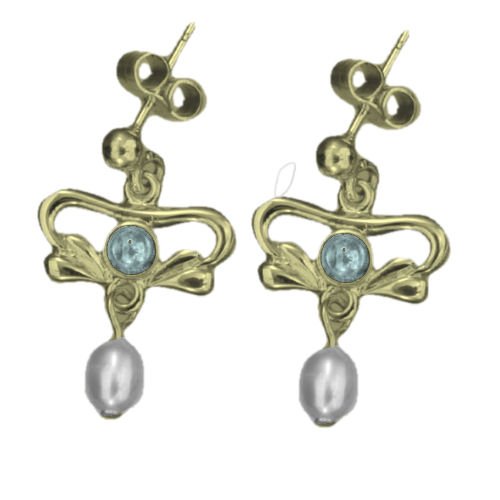 Image 1 of Art Nouveau Blue Moonstone Pearl 9K Yellow Gold Earrings