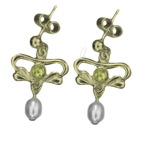 Image 1 of Art Nouveau Citrine Pearl 9K Yellow Gold Drop Earrings