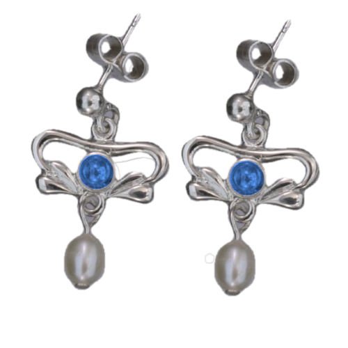 Image 1 of Art Nouveau Labradorite Pearl Sterling Silver Drop Earrings