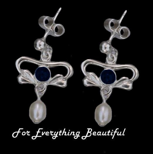 Image 0 of Art Nouveau Lapis Lazuli Pearl Sterling Silver Drop Earrings