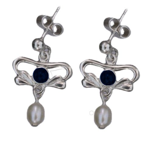 Image 1 of Art Nouveau Lapis Lazuli Pearl Sterling Silver Drop Earrings