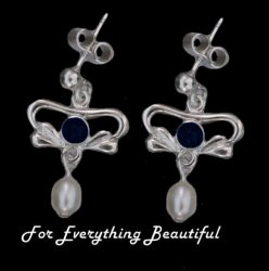 Art Nouveau Lapis Lazuli Pearl Sterling Silver Drop Earrings