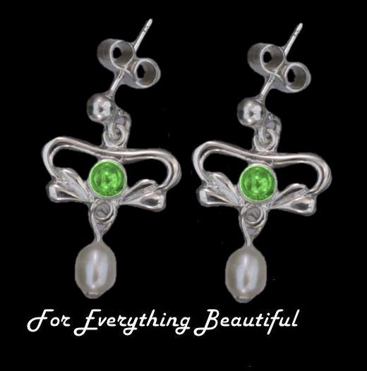 Image 0 of Art Nouveau Green Peridot Pearl Sterling Silver Drop Earrings