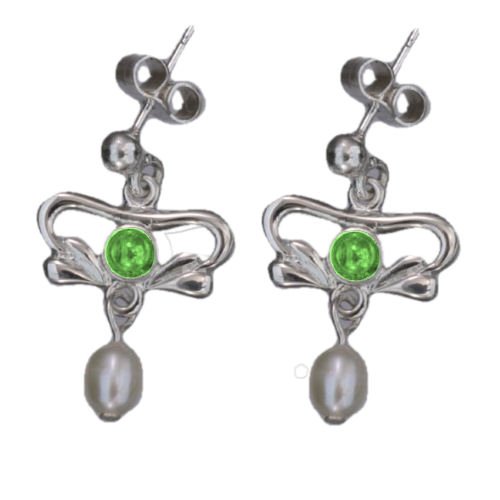Image 1 of Art Nouveau Green Peridot Pearl Sterling Silver Drop Earrings