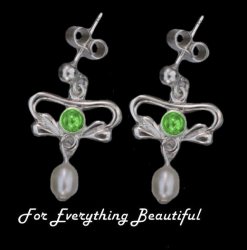 Art Nouveau Green Peridot Pearl Sterling Silver Drop Earrings