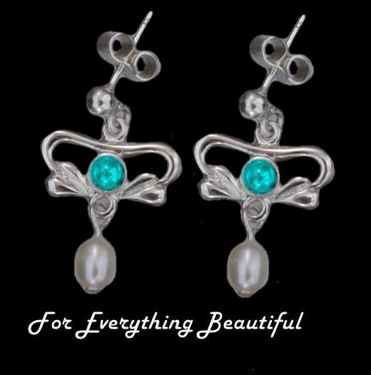 Image 0 of Art Nouveau Turquoise Pearl Sterling Silver Drop Earrings