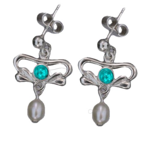 Image 1 of Art Nouveau Turquoise Pearl Sterling Silver Drop Earrings