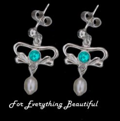 Art Nouveau Turquoise Pearl Sterling Silver Drop Earrings