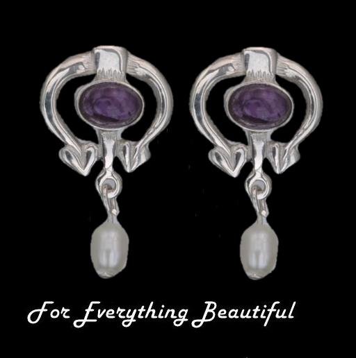 Image 0 of Art Nouveau Oval Amethyst Pearl Sterling Silver Drop Earrings