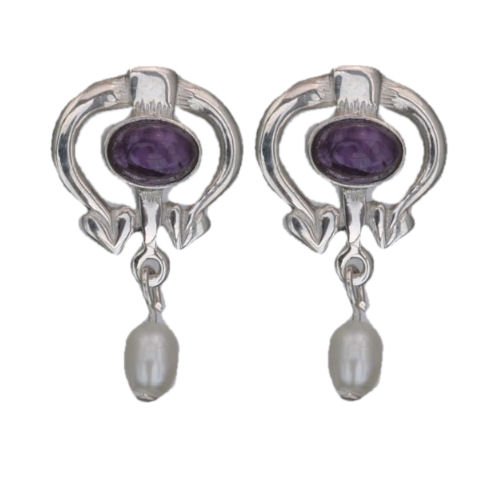 Image 1 of Art Nouveau Oval Amethyst Pearl Sterling Silver Drop Earrings
