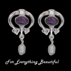 Art Nouveau Oval Amethyst Pearl Sterling Silver Drop Earrings