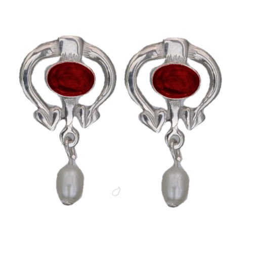 Image 1 of Art Nouveau Oval Garnet Pearl Sterling Silver Drop Earrings