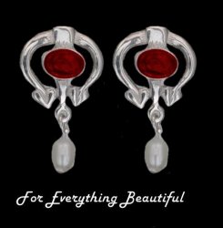 Art Nouveau Oval Garnet Pearl Sterling Silver Drop Earrings