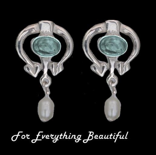 Image 0 of Art Nouveau Oval Blue Moonstone Pearl Sterling Silver Drop Earrings