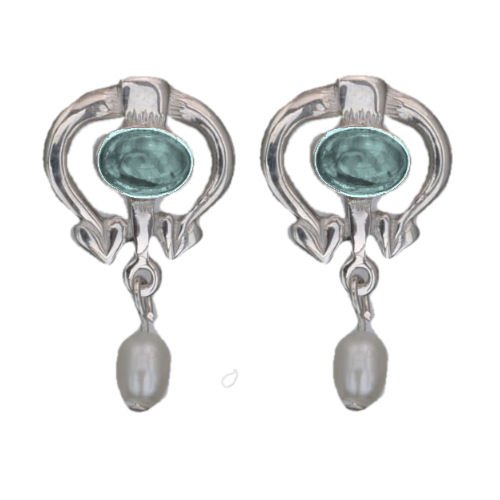 Image 1 of Art Nouveau Oval Blue Moonstone Pearl Sterling Silver Drop Earrings