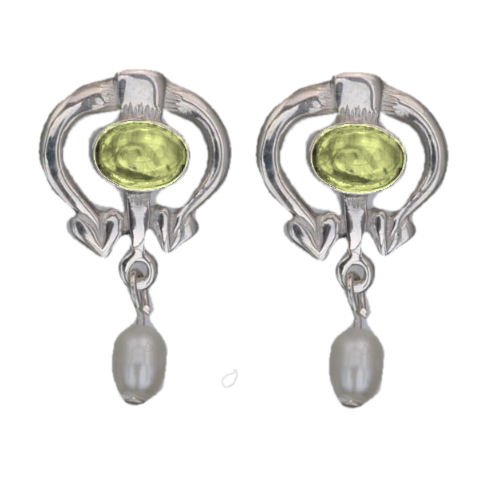 Image 1 of Art Nouveau Oval Citrine Pearl Sterling Silver Drop Earrings