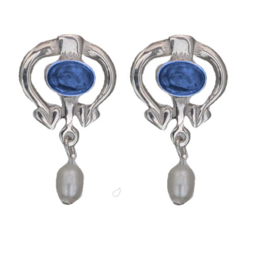 Image 1 of Art Nouveau Oval Labradorite Pearl Sterling Silver Drop Earrings