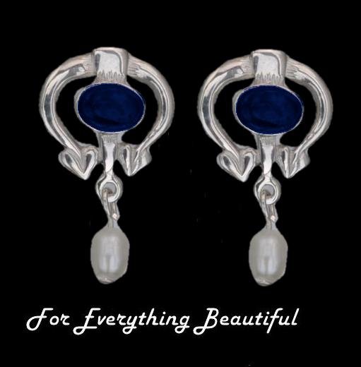 Image 0 of Art Nouveau Oval Lapis Lazuli Pearl Sterling Silver Drop Earrings