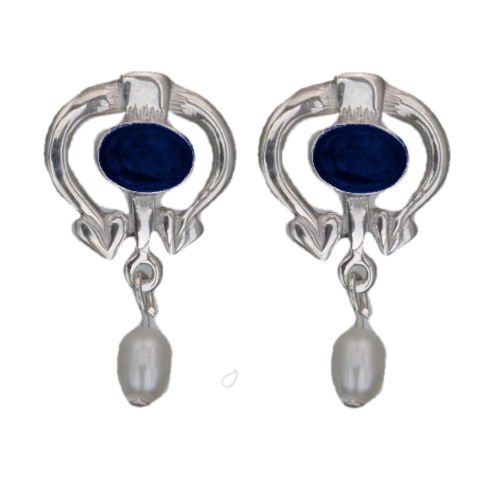 Image 1 of Art Nouveau Oval Lapis Lazuli Pearl Sterling Silver Drop Earrings