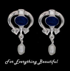 Art Nouveau Oval Lapis Lazuli Pearl Sterling Silver Drop Earrings
