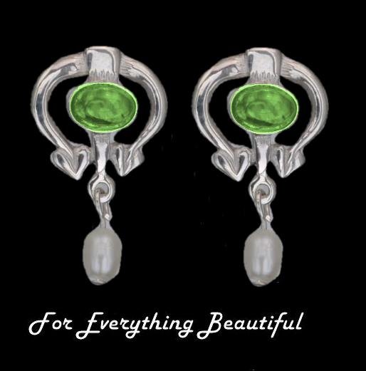 Image 0 of Art Nouveau Oval Green Peridot Pearl Sterling Silver Drop Earrings