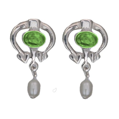 Image 1 of Art Nouveau Oval Green Peridot Pearl Sterling Silver Drop Earrings