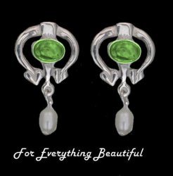 Art Nouveau Oval Green Peridot Pearl Sterling Silver Drop Earrings