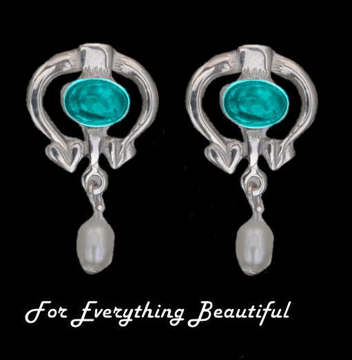 Image 0 of Art Nouveau Oval Turquoise Pearl Sterling Silver Drop Earrings