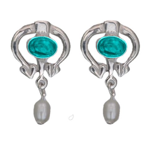 Image 1 of Art Nouveau Oval Turquoise Pearl Sterling Silver Drop Earrings