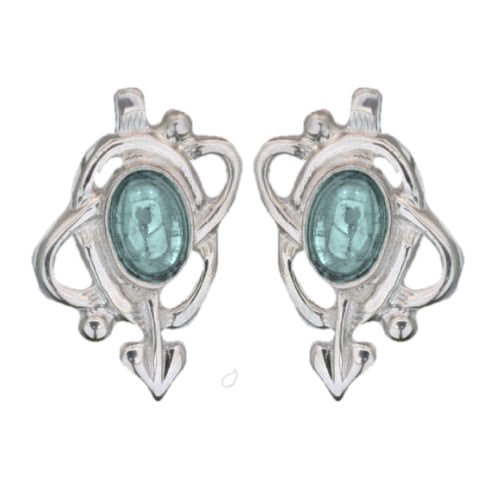 Image 1 of Art Nouveau Oval Blue Moonstone Swirl Silver Stud Earrings
