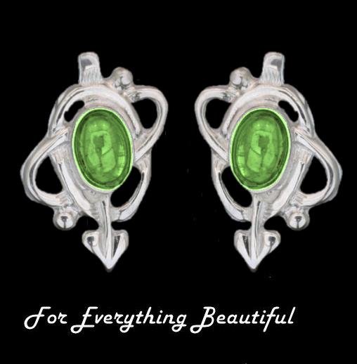 Image 0 of Art Nouveau Oval Green Peridot Swirl Sterling Silver Stud Earrings