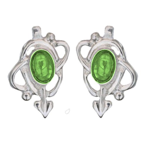 Image 1 of Art Nouveau Oval Green Peridot Swirl Sterling Silver Stud Earrings