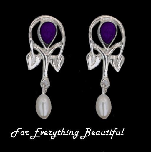 Image 0 of Art Nouveau Pear Pearl Amethyst Sterling Silver Drop Earrings