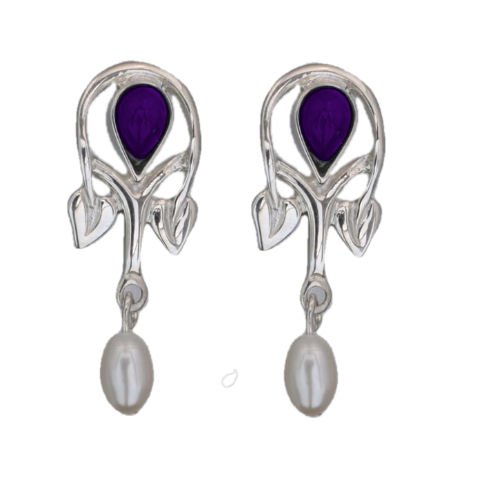 Image 1 of Art Nouveau Pear Pearl Amethyst Sterling Silver Drop Earrings