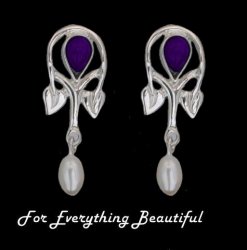 Art Nouveau Pear Pearl Amethyst Sterling Silver Drop Earrings