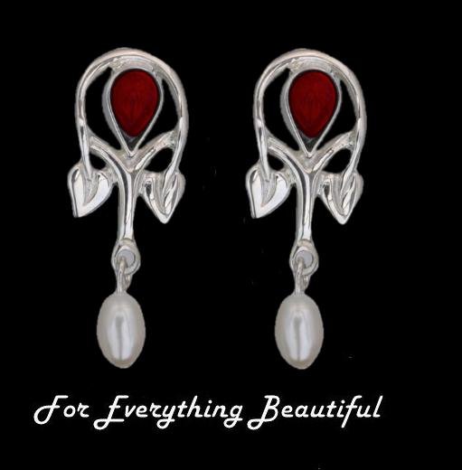 Image 0 of Art Nouveau Pear Pearl Garnet Sterling Silver Drop Earrings