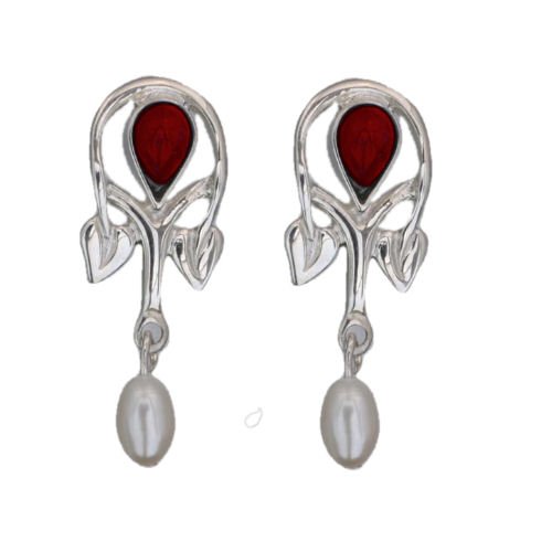 Image 1 of Art Nouveau Pear Pearl Garnet Sterling Silver Drop Earrings