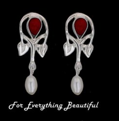 Art Nouveau Pear Pearl Garnet Sterling Silver Drop Earrings
