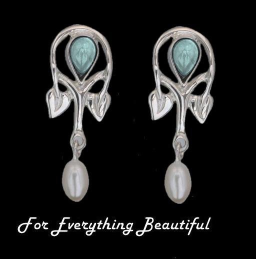 Image 0 of Art Nouveau Pear Pearl Blue Moonstone Sterling Silver Drop Earrings
