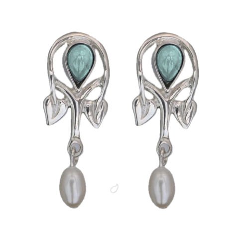 Image 1 of Art Nouveau Pear Pearl Blue Moonstone Sterling Silver Drop Earrings