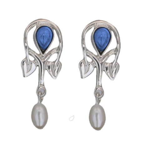 Image 1 of Art Nouveau Pear Pearl Labradorite Sterling Silver Drop Earrings