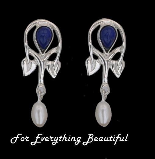 Image 0 of Art Nouveau Pear Pearl Lapis Lazuli Sterling Silver Drop Earrings